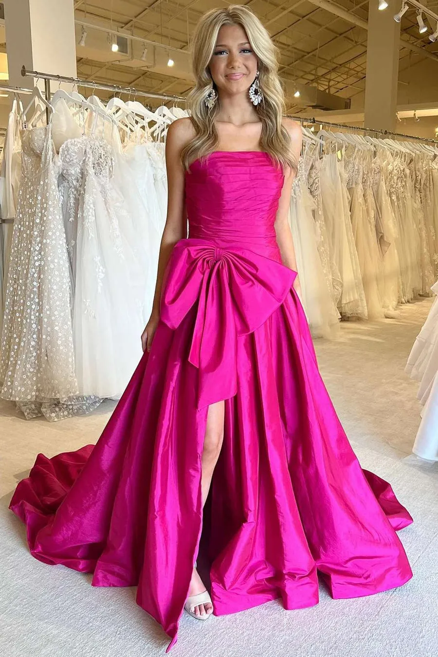 A Line Strapless Fuchsia Prom Dress 2025 Ruched with Bowknot sold by My Chic Dress