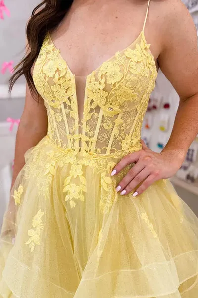 A Line 2025 Puffy Prom Dresses Yellow V Neck Lace Formal Dress sold by My Chic Dress product image thumbnail 3