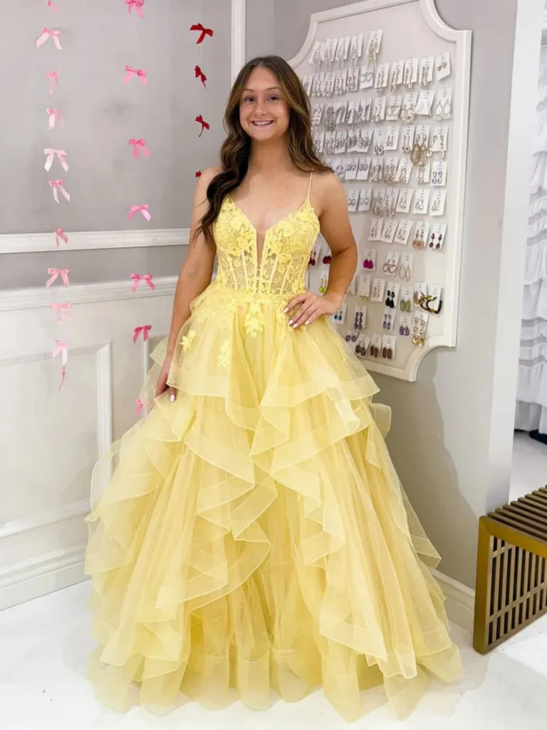 A Line 2025 Puffy Prom Dresses Yellow V Neck Lace Formal Dress sold by My Chic Dress