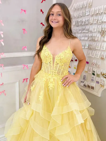 A Line 2025 Puffy Prom Dresses Yellow V Neck Lace Formal Dress sold by My Chic Dress product image thumbnail 2