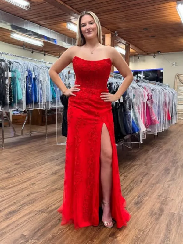 Lace Red Long 2025 Prom Dresses Strapless Formal Gown with Slit sold by My Chic Dress