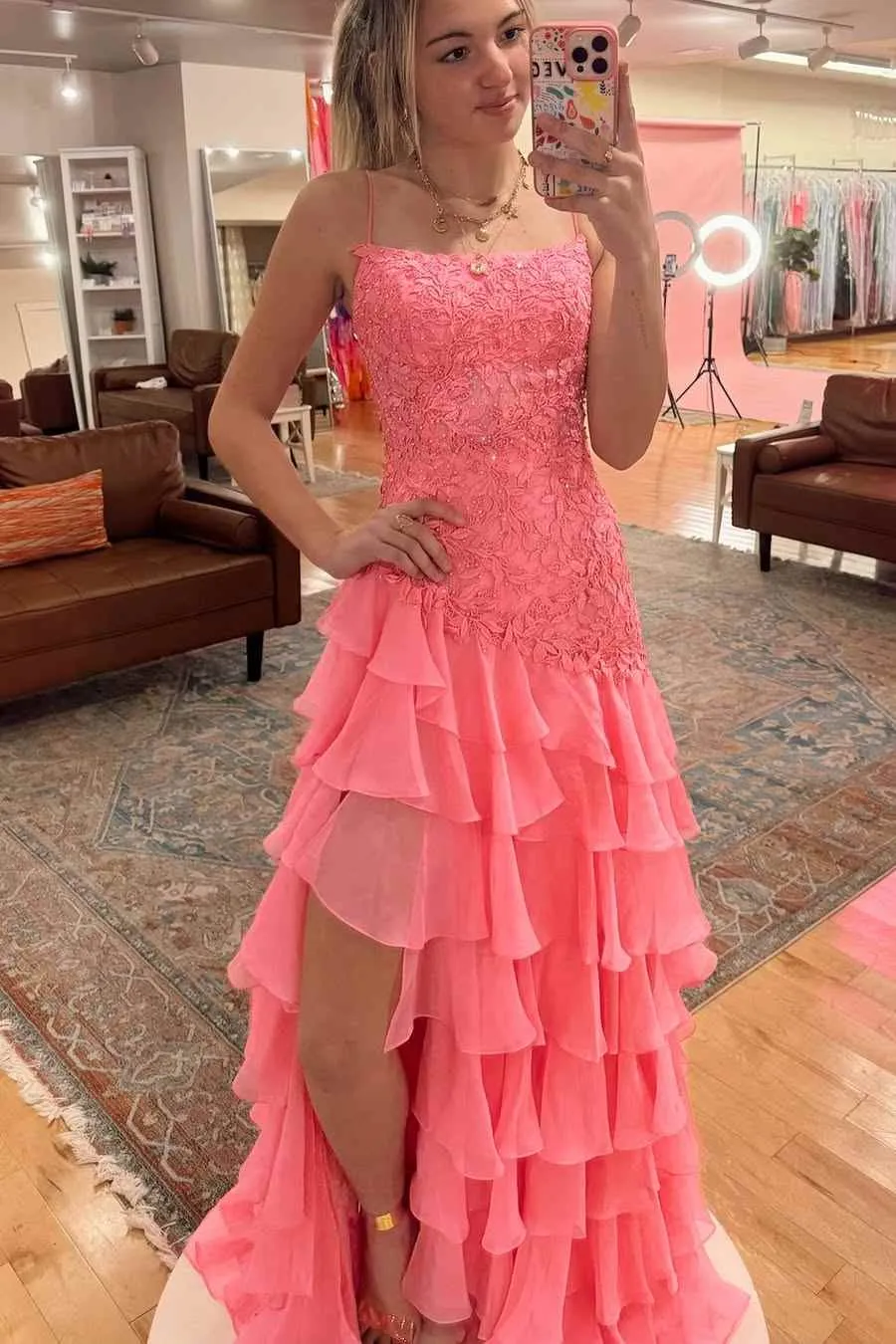 2025 Pink Lace Prom Dress with Ruffles Appliques Long Evening Dress sold by My Chic Dress