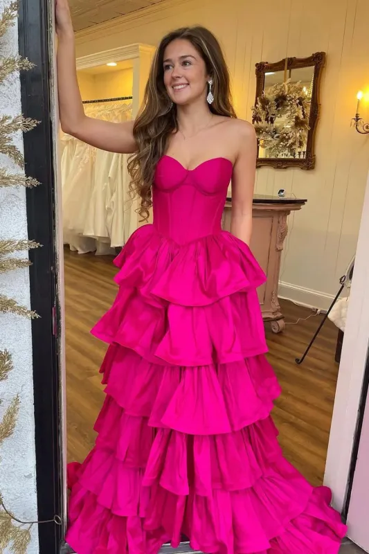 Long 2025 Tiered Hot Pink Prom Dress A-Line Sweetheart Satin sold by My Chic Dress