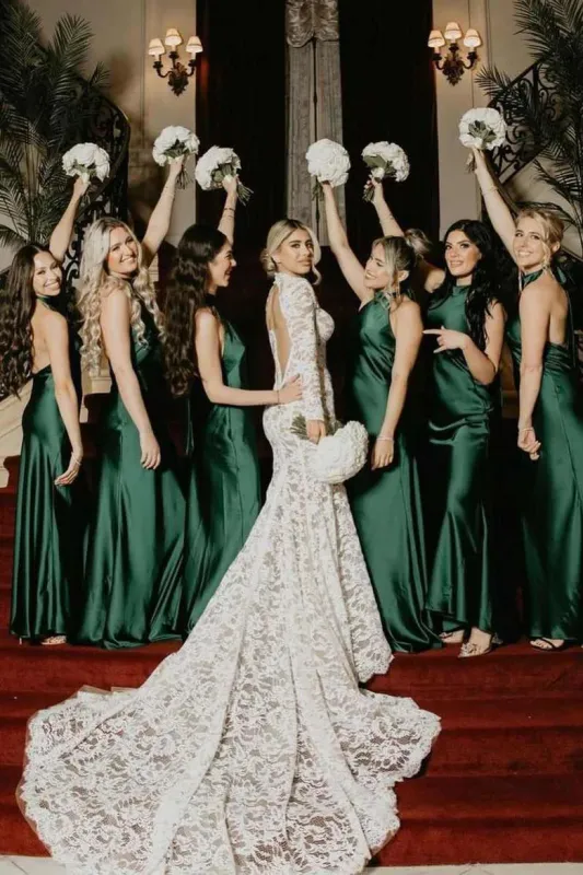 Gorgeous Dark Green Halter Bridesmaid Dress Satin Pleated Sleeveless sold by My Chic Dress