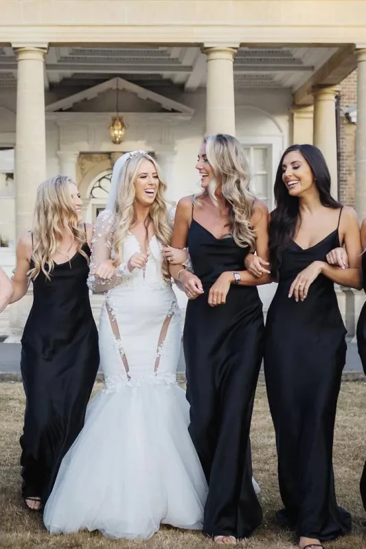 Simple Black Bridesmaid Dress Beach Satin Spaghetti Straps Cowl Neck sold by My Chic Dress