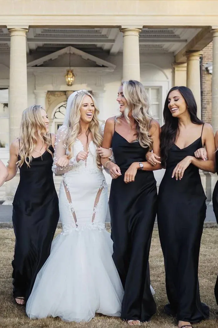 Simple Black Bridesmaid Dress Beach Satin Spaghetti Straps Cowl Neck sold by My Chic Dress