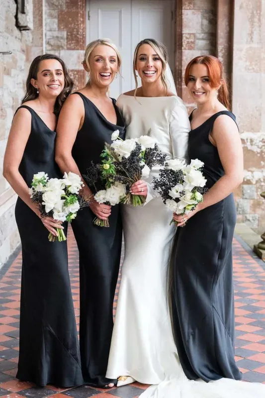 Long Satin beach Bridesmaid Dress Black Straps Sleeveless Cowl Neck sold by My Chic Dress