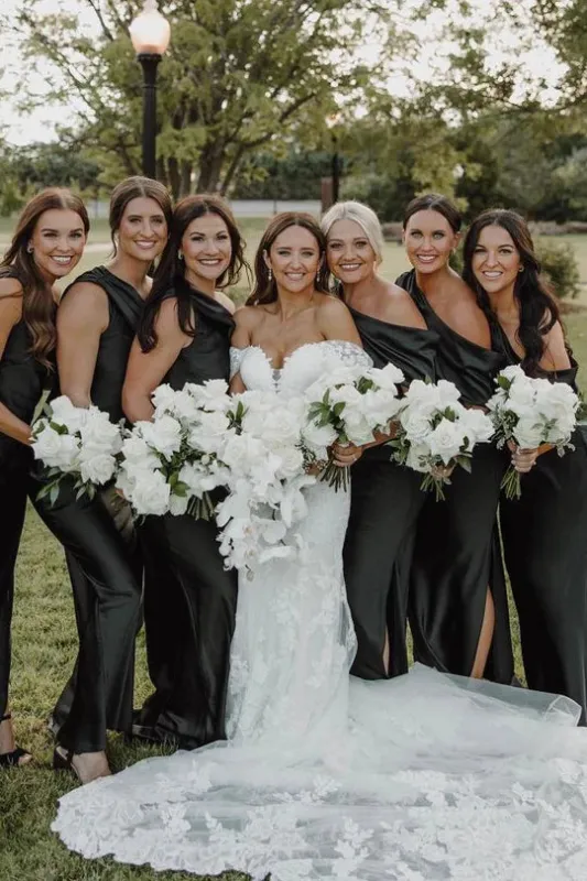 One Shoulder Bridesmaid Dresses Black Satin Pleated with Slit sold by My Chic Dress