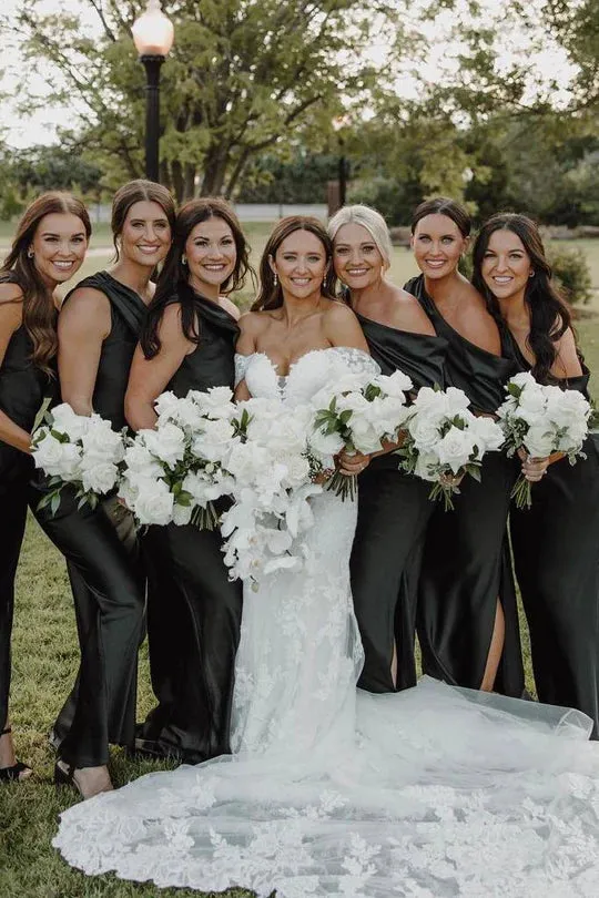 One Shoulder Bridesmaid Dresses Black Satin Pleated with Slit sold by My Chic Dress