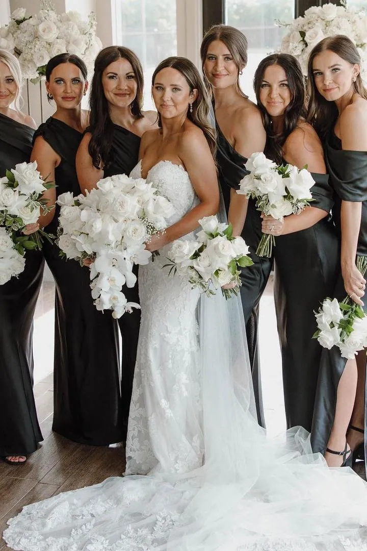 One Shoulder Bridesmaid Dresses Black Satin Pleated with Slit sold by My Chic Dress product image thumbnail 3