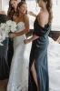 One Shoulder Bridesmaid Dresses Black Satin Pleated with Slit sold by My Chic Dress