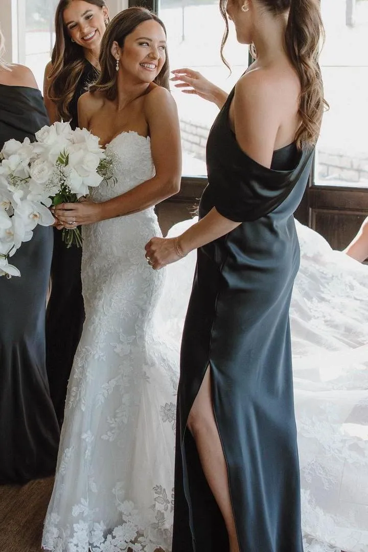 One Shoulder Bridesmaid Dresses Black Satin Pleated with Slit sold by My Chic Dress product image thumbnail 2