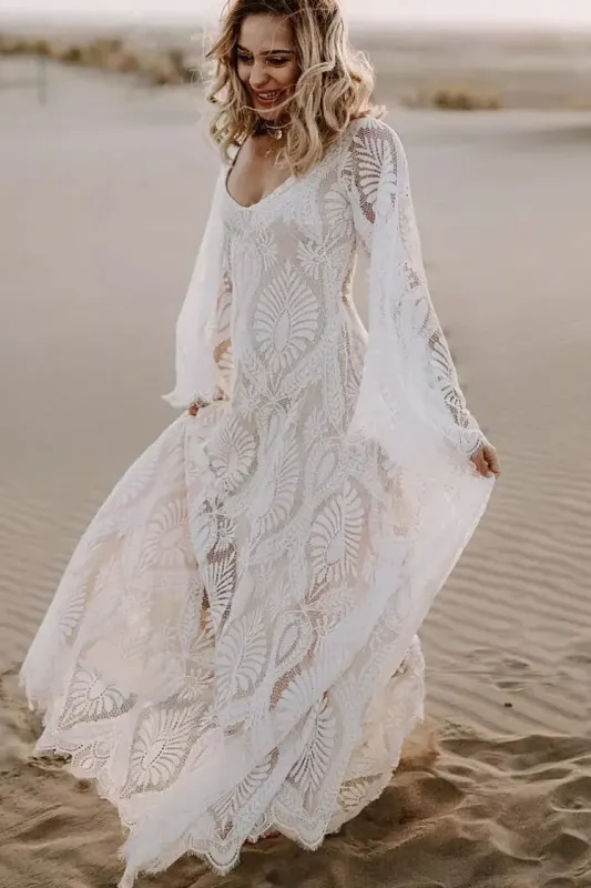 Lace Beach Wedding Dress Boho Deep V-Neck with Flare Sleeves sold by My Chic Dress