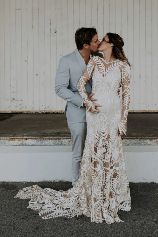 Cheap Boho Lace Maternity Wedding Dress Lace Long Sleeves sold by My Chic Dress