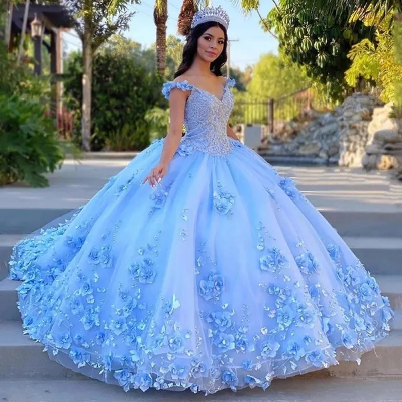 Princess Blue Quinceanera Dresses 3D Flower Ball Gown Vestidos De 15 Anos sold by My Chic Dress