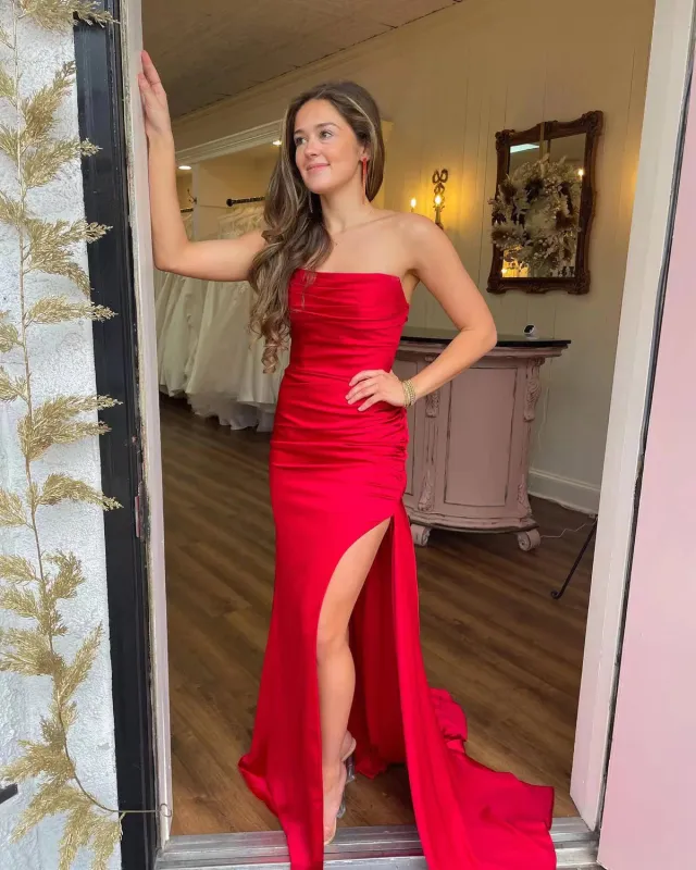 Satin Mermaid Ruched Pleated Red Senior Prom Dress With Slit Strapless sold by My Chic Dress