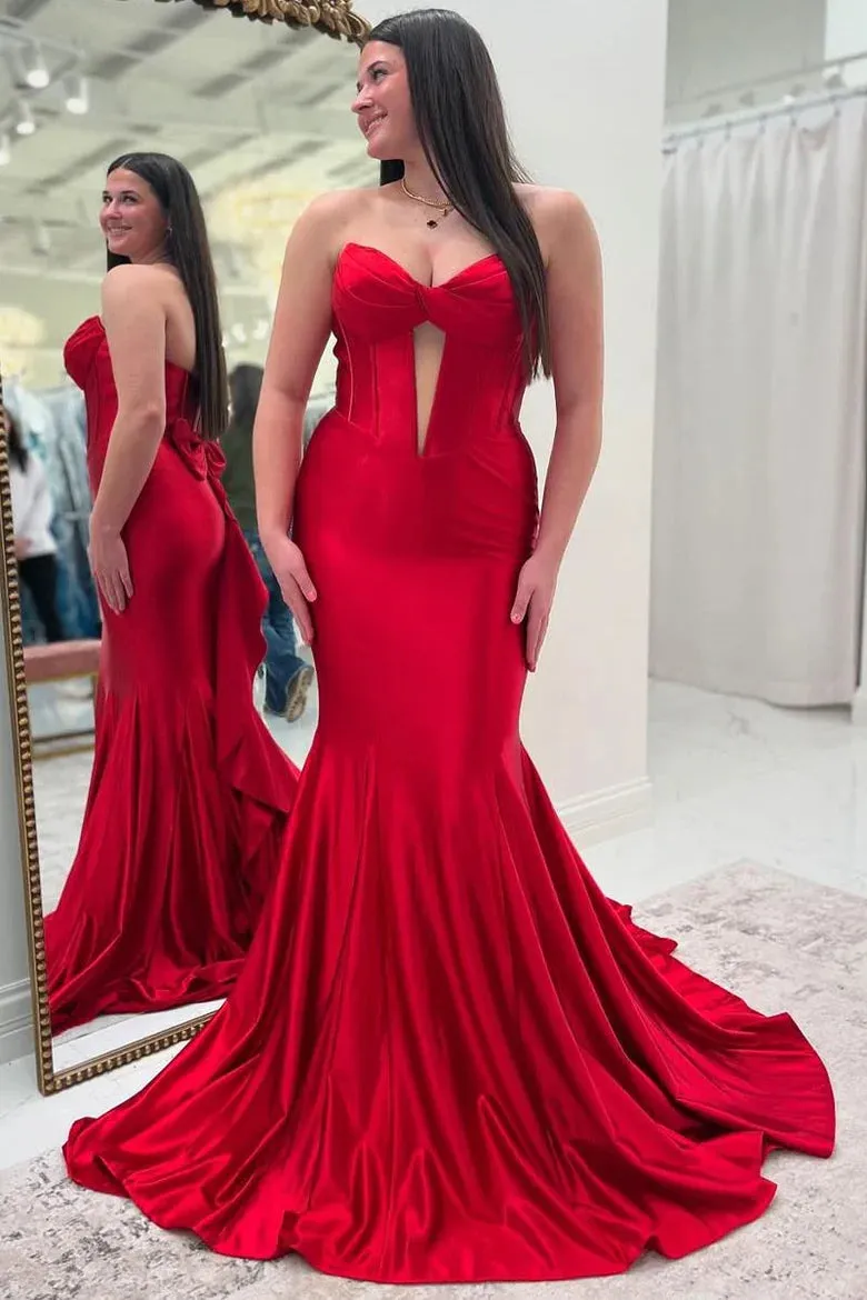 Red Strapless Senior Prom Dress with Bow Satin Pleated Evening Dress sold by My Chic Dress