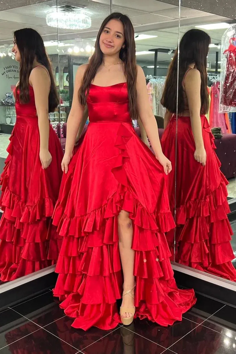 A Line Tiered Red Prom Dress Ruffles with Slit Lace-Up sold by My Chic Dress