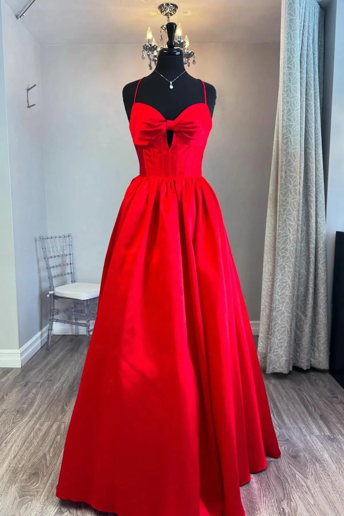 A-line Straps Red Prom Dress with Bow Front Satin Formal Gown sold by My Chic Dress product image thumbnail 2