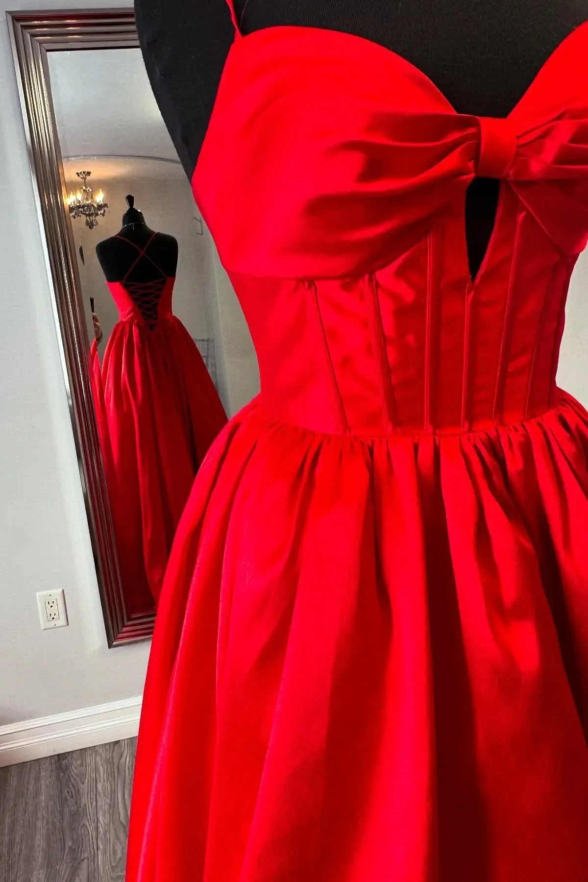 A-line Straps Red Prom Dress with Bow Front Satin Formal Gown sold by My Chic Dress product image thumbnail 3