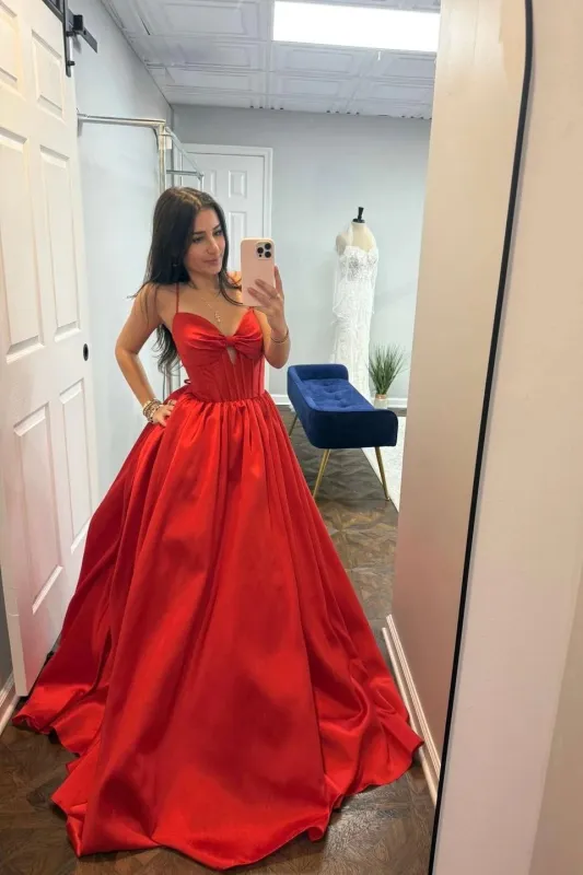 A-line Straps Red Prom Dress with Bow Front Satin Formal Gown sold by My Chic Dress