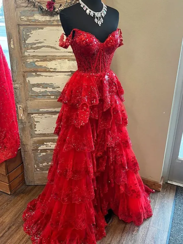 Custom Made Red Senior Prom Dresses Layered Off Shoulder Long Formal Wear sold by My Chic Dress