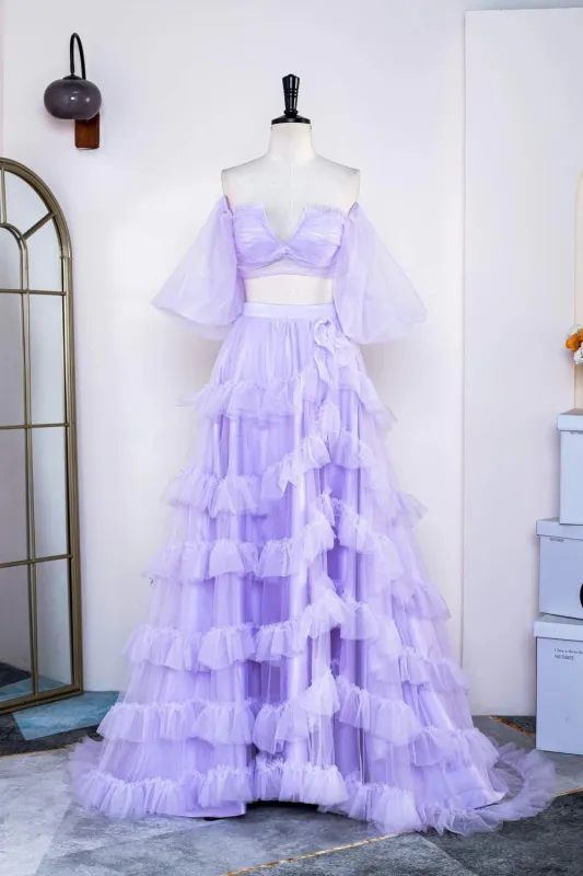 2 Piece Lavender Prom Dress Tulle Off the shoulder with Ruffles sold by My Chic Dress