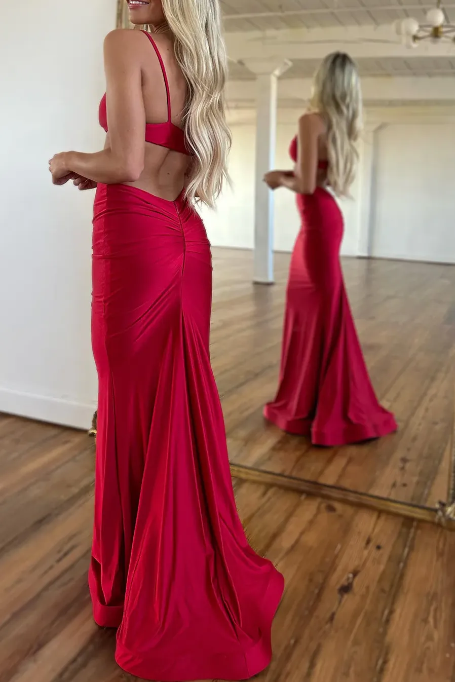 V-Neck 2025 Red Senior Prom Dress Satin Sexy Evening Gown Spaghetti Straps sold by My Chic Dress product image thumbnail 3