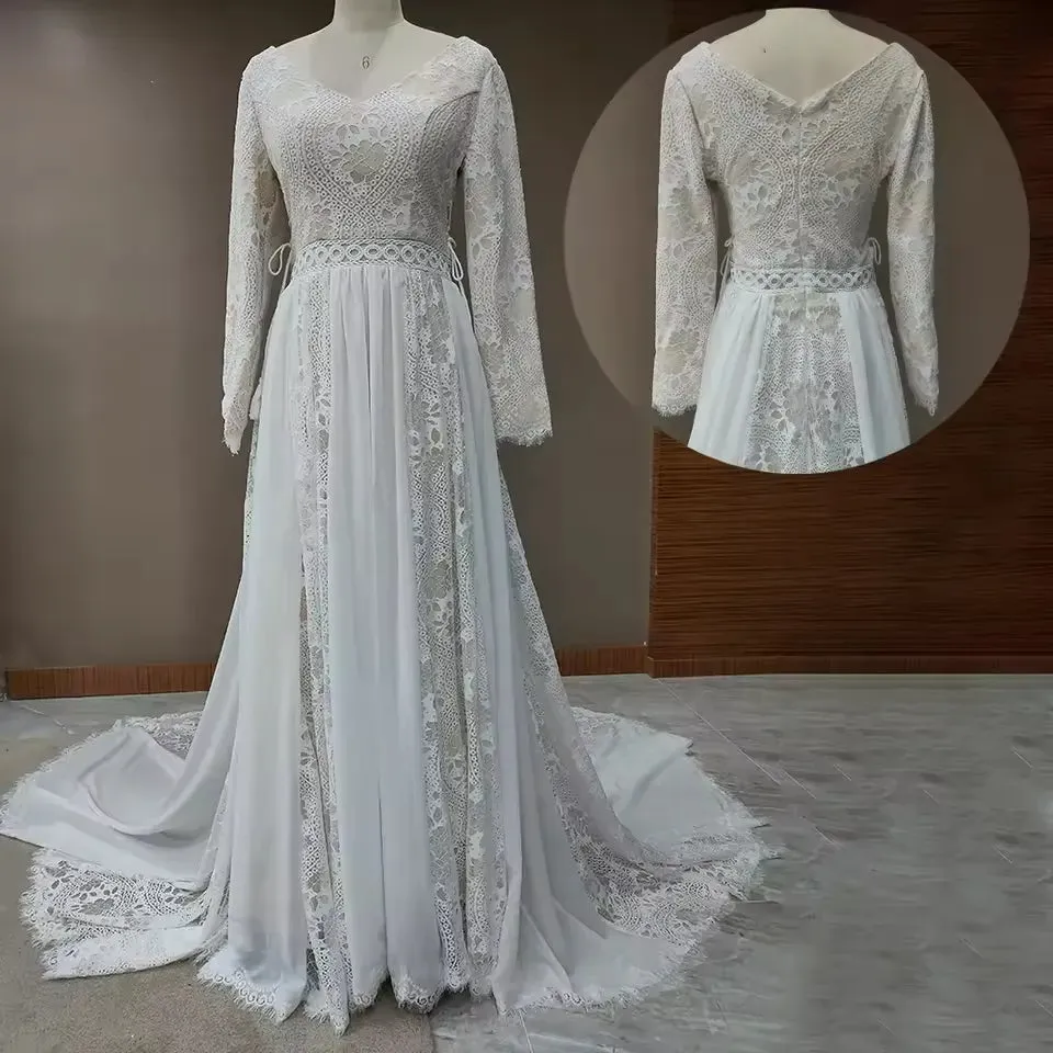 Long Sleeves Lace Beach Wedding Dresses Boho Chiffon V Neck sold by My Chic Dress product image thumbnail 3