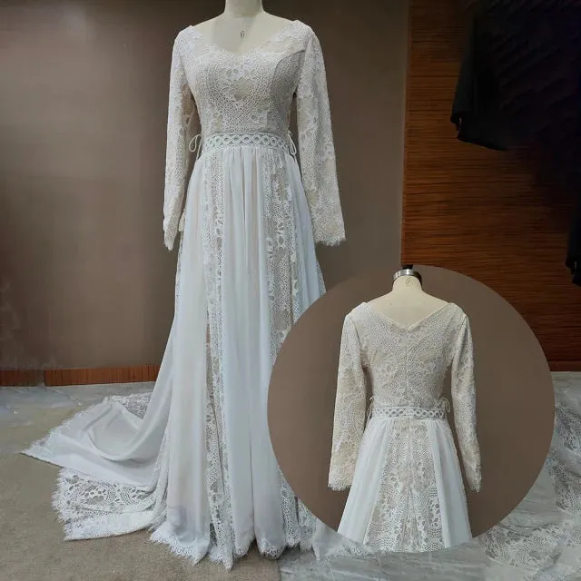 Long Sleeves Lace Beach Wedding Dresses Boho Chiffon V Neck sold by My Chic Dress product image thumbnail 5