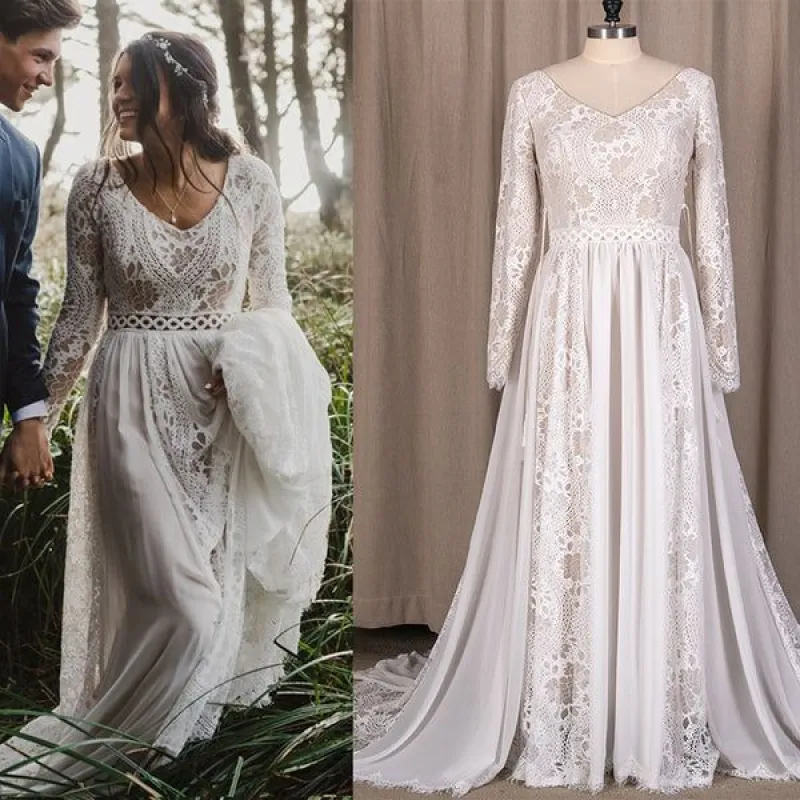 Long Sleeves Lace Beach Wedding Dresses Boho Chiffon V Neck sold by My Chic Dress