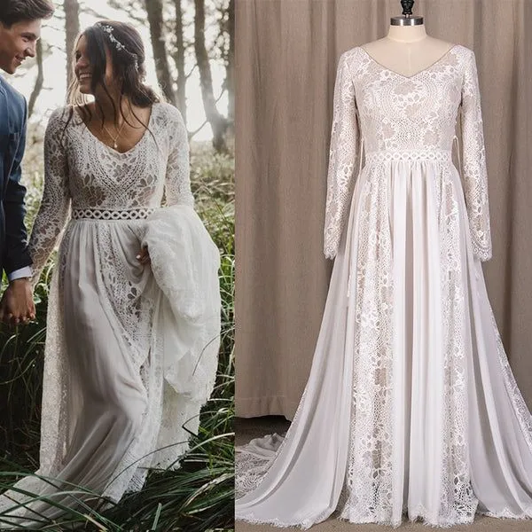 Long Sleeves Lace Beach Wedding Dresses Boho Chiffon V Neck sold by My Chic Dress