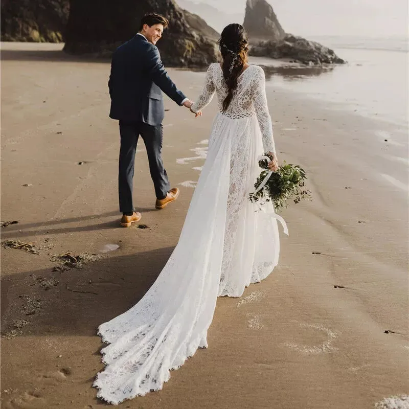 Long Sleeves Lace Beach Wedding Dresses Boho Chiffon V Neck sold by My Chic Dress product image thumbnail 2