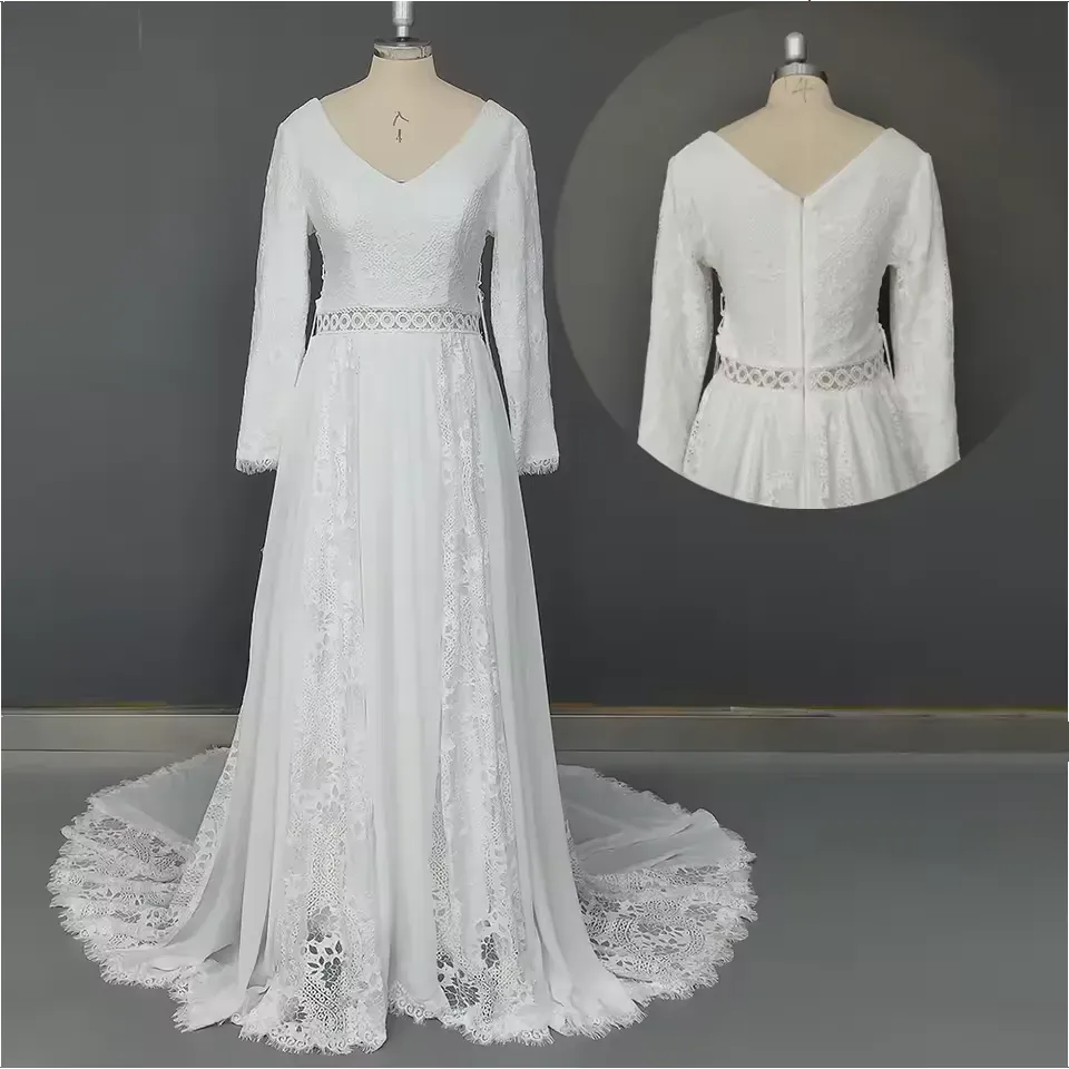 Long Sleeves Lace Beach Wedding Dresses Boho Chiffon V Neck sold by My Chic Dress product image thumbnail 4