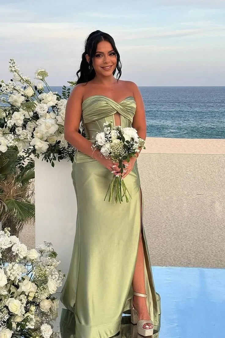 Hot Long Sage Green Bridesmaid Dress Satin Mermaid Sweetheart with Slit sold by My Chic Dress product image thumbnail 2