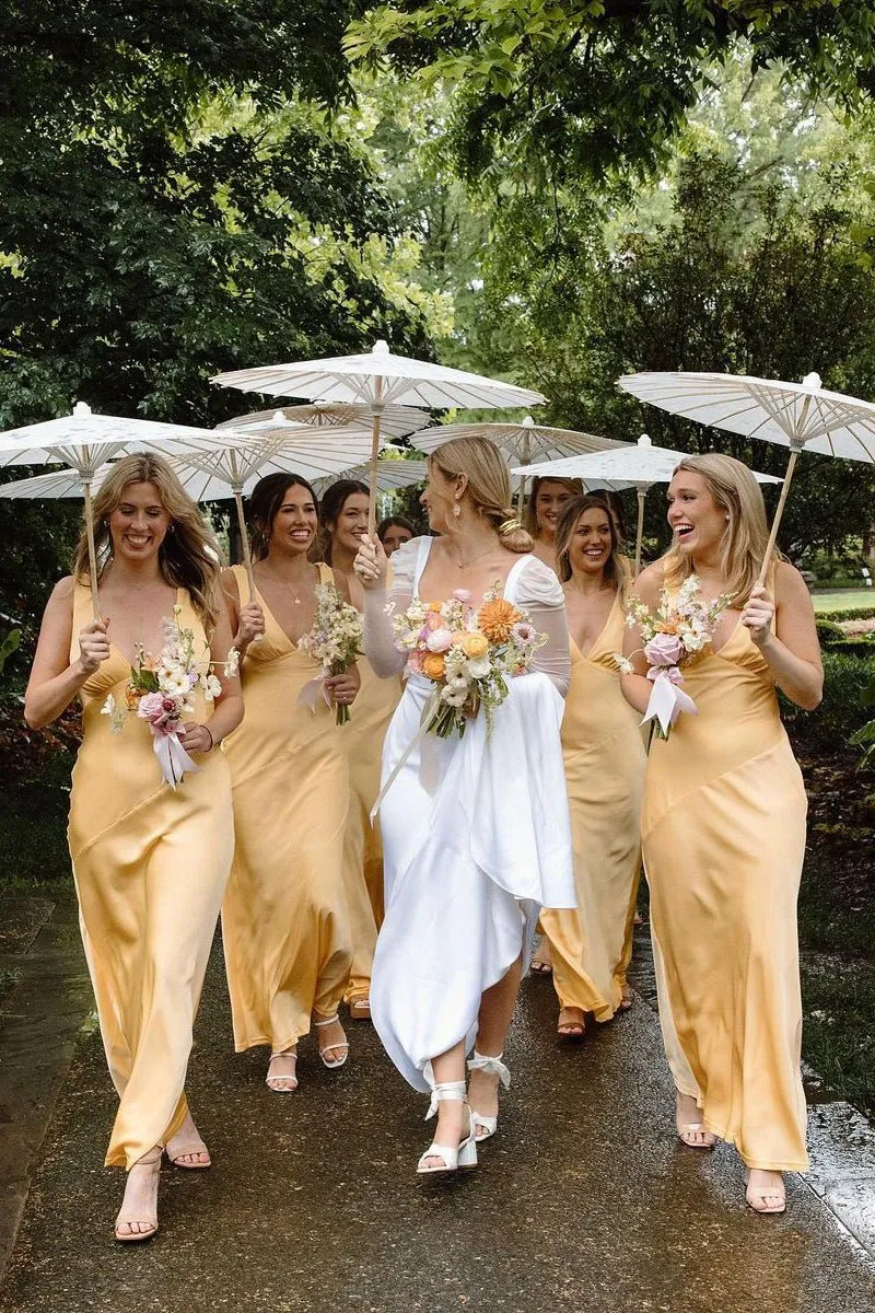 Silk Saitn Gold Bridesmaid Dresses For Beach Weddings Sheath V Neck sold by My Chic Dress