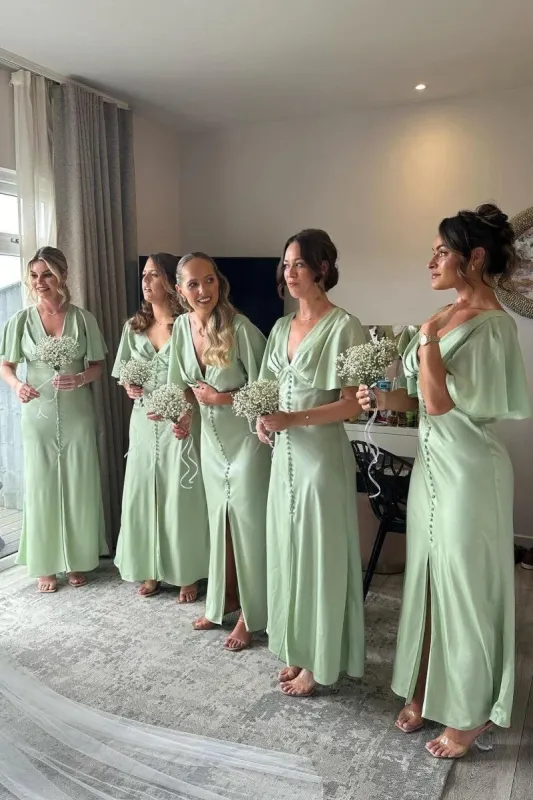 Silk Satin Sage Green Bridesmaid Dress Beach with Flare Sleeves Buttons sold by My Chic Dress