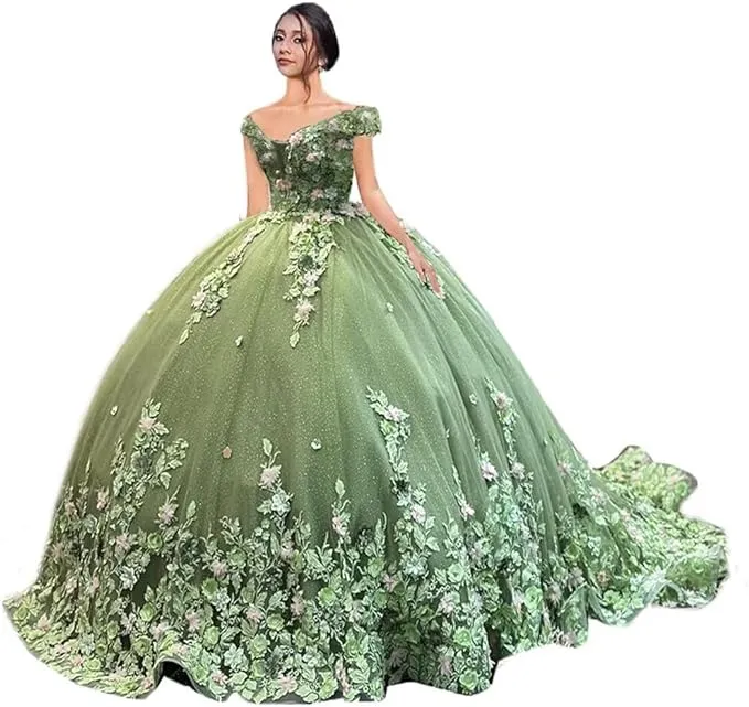 Off Shoulder 3D Floral Quinceanera Dresses Lace Puffy Sweet 16 Dress with Train sold by My Chic Dress product image thumbnail 2