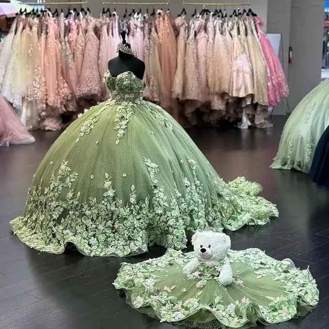 Off Shoulder 3D Floral Quinceanera Dresses Lace Puffy Sweet 16 Dress with Train sold by My Chic Dress product image thumbnail 4