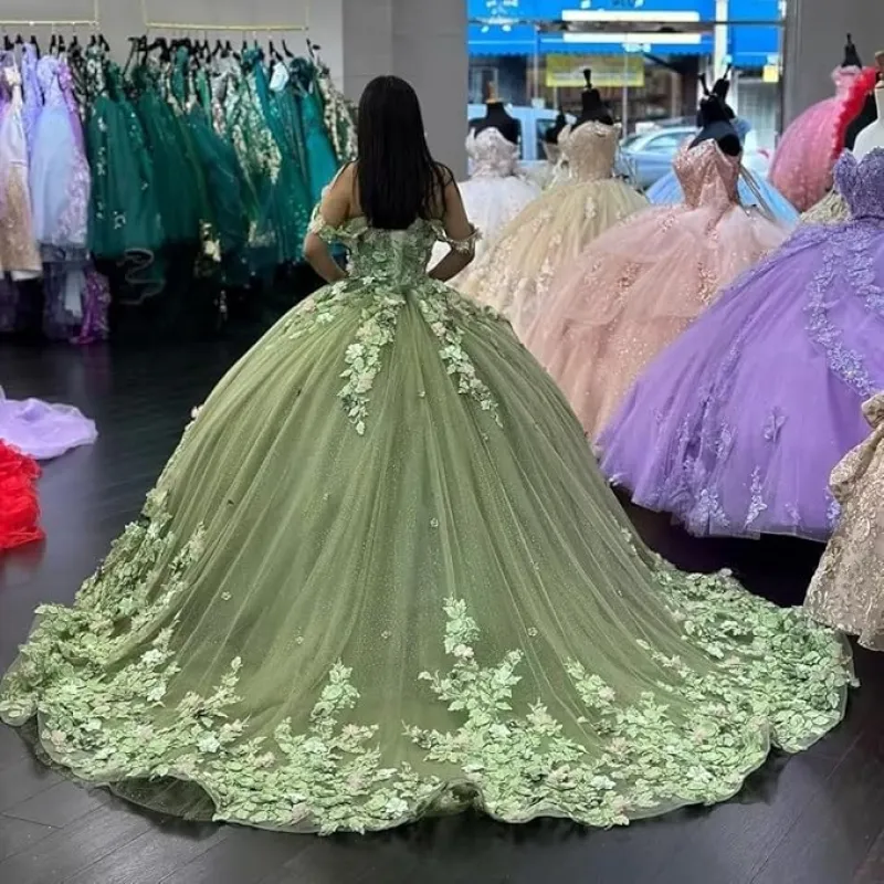 Off Shoulder 3D Floral Quinceanera Dresses Lace Puffy Sweet 16 Dress with Train sold by My Chic Dress
