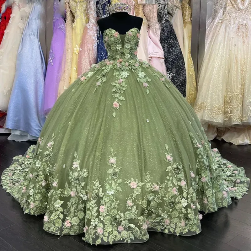 Strapless Sage Green Quinceanera Dress Sweet 16 Dress Pink Flowers sold by My Chic Dress