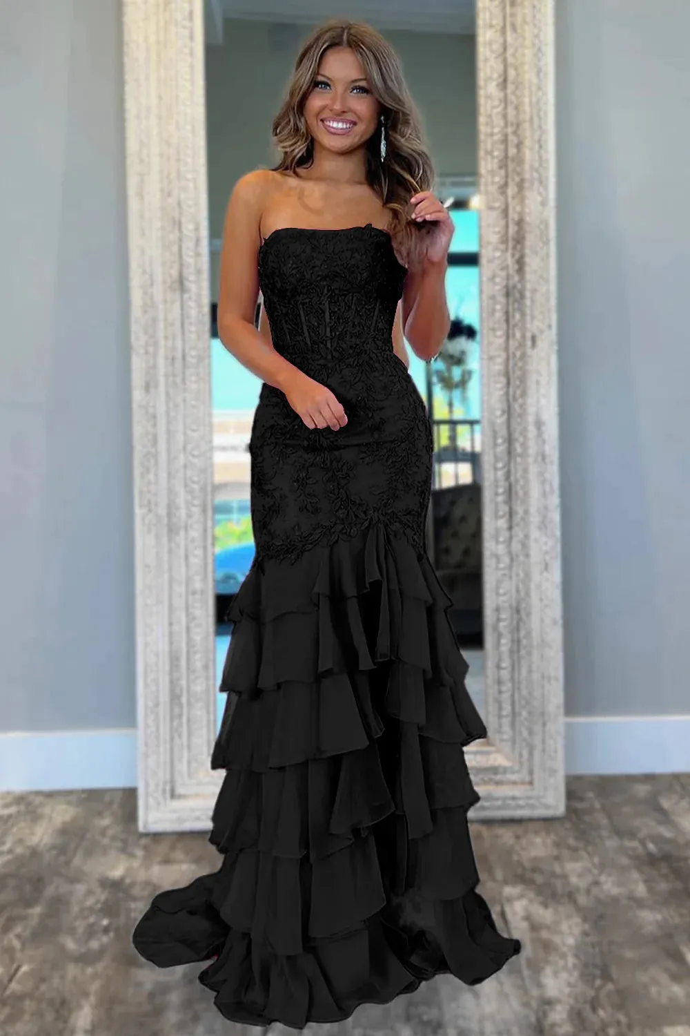 Pink Strapless Senior Prom Dresses Mermaid Lace Tiered Formal Wear sold by My Chic Dress product image thumbnail 2