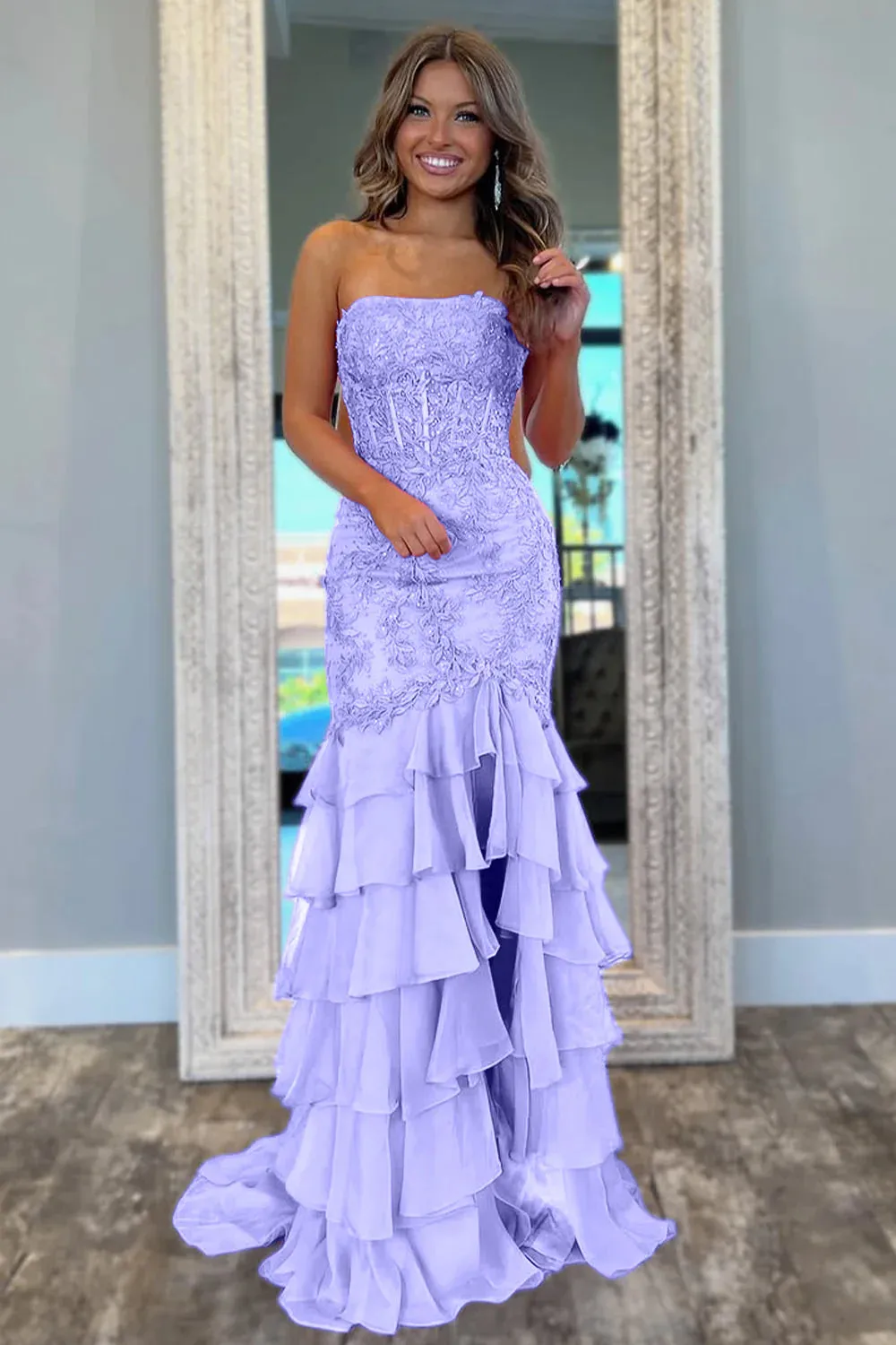 Pink Strapless Senior Prom Dresses Mermaid Lace Tiered Formal Wear sold by My Chic Dress product image thumbnail 3