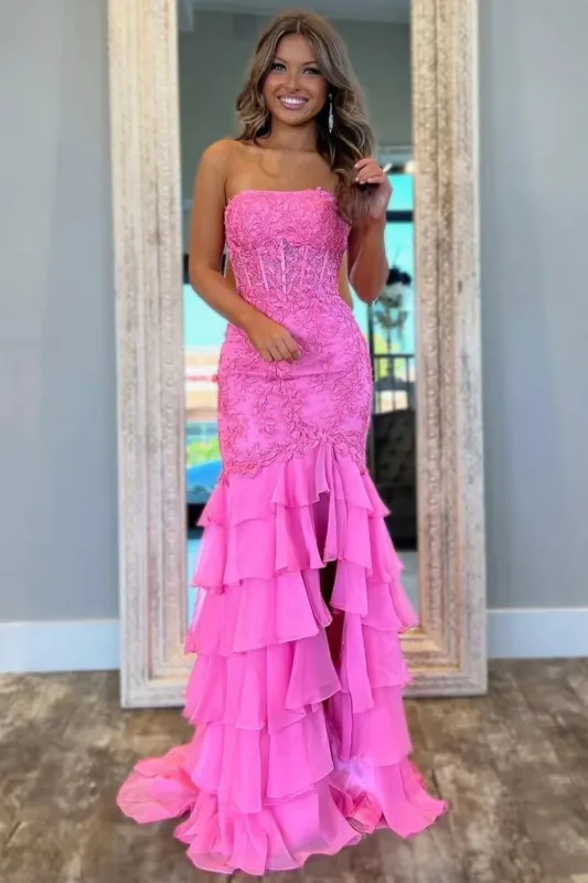Pink Strapless Senior Prom Dresses Mermaid Lace Tiered Formal Wear sold by My Chic Dress