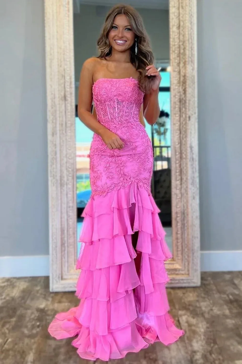 Pink Strapless Senior Prom Dresses Mermaid Lace Tiered Formal Wear sold by My Chic Dress