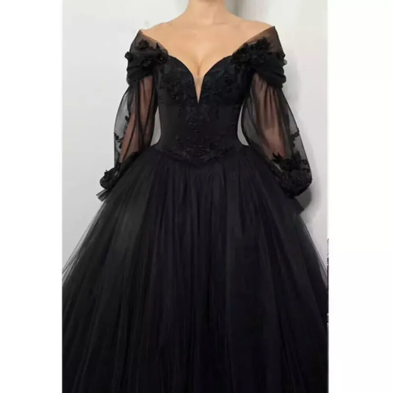 Gothic Black Boho Wedding Dresses Bubbles Sleeves V Neck Lace Appliques sold by My Chic Dress