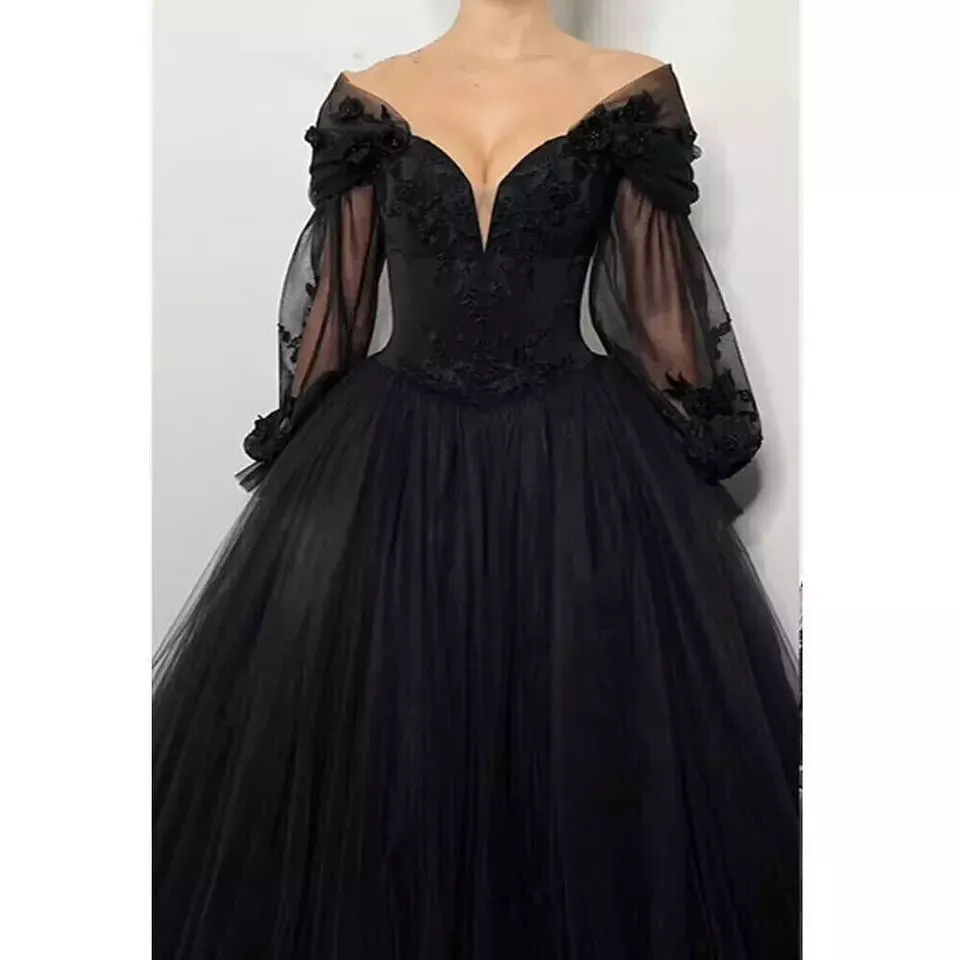 Gothic Black Boho Wedding Dresses Bubbles Sleeves V Neck Lace Appliques sold by My Chic Dress