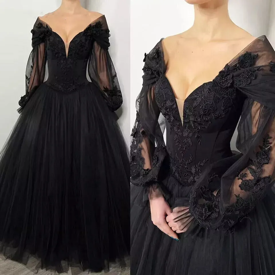 Gothic Black Boho Wedding Dresses Bubbles Sleeves V Neck Lace Appliques sold by My Chic Dress product image thumbnail 3