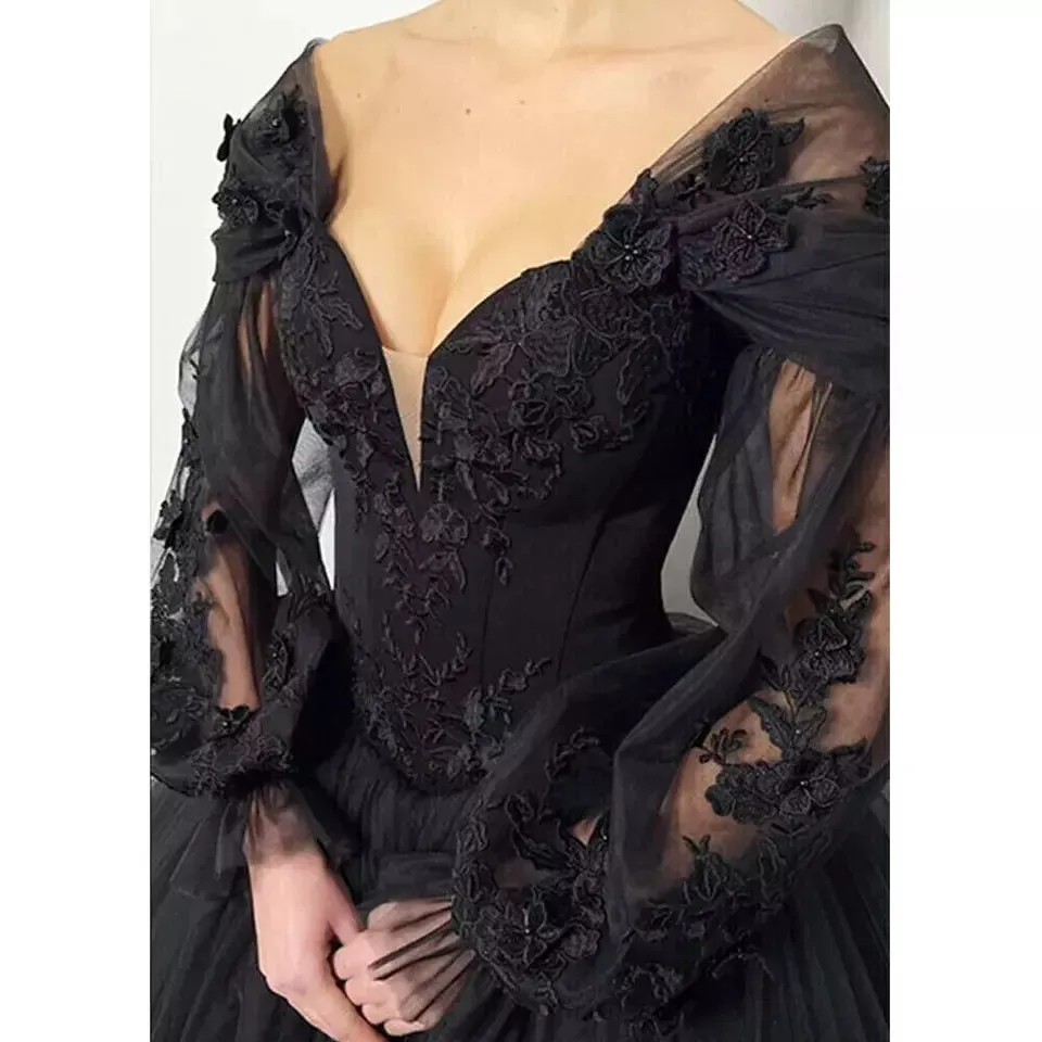 Gothic Black Boho Wedding Dresses Bubbles Sleeves V Neck Lace Appliques sold by My Chic Dress product image thumbnail 2