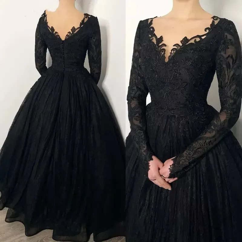 Gothic Long Sleeves Lace Wedding Dress Black V Neck sold by My Chic Dress product image thumbnail 4